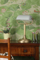 Bank Table Lamp Butter Brass and White Glass