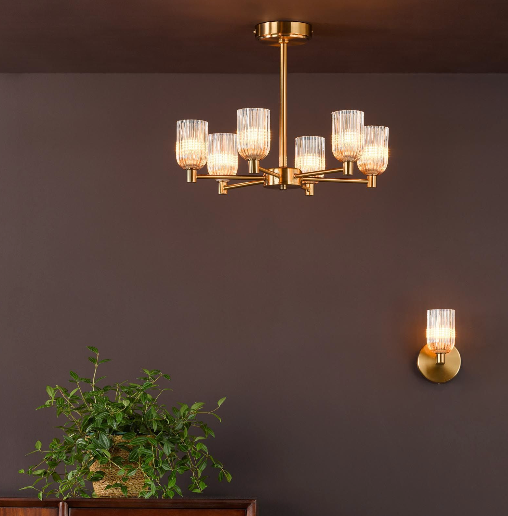 Hilaria 6 Light Semi-Flush Antique Gold and Amber Ribbed Glass