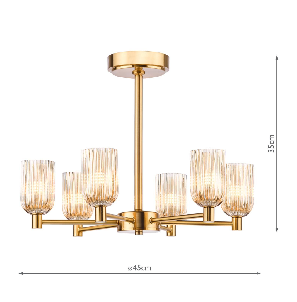 Hilaria 6 Light Semi-Flush Antique Gold and Amber Ribbed Glass