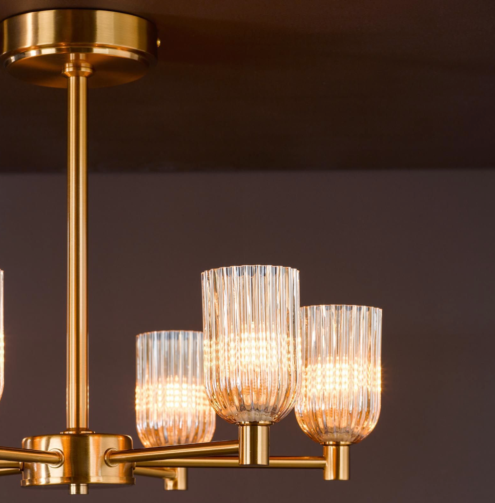 Hilaria 6 Light Semi-Flush Antique Gold and Amber Ribbed Glass
