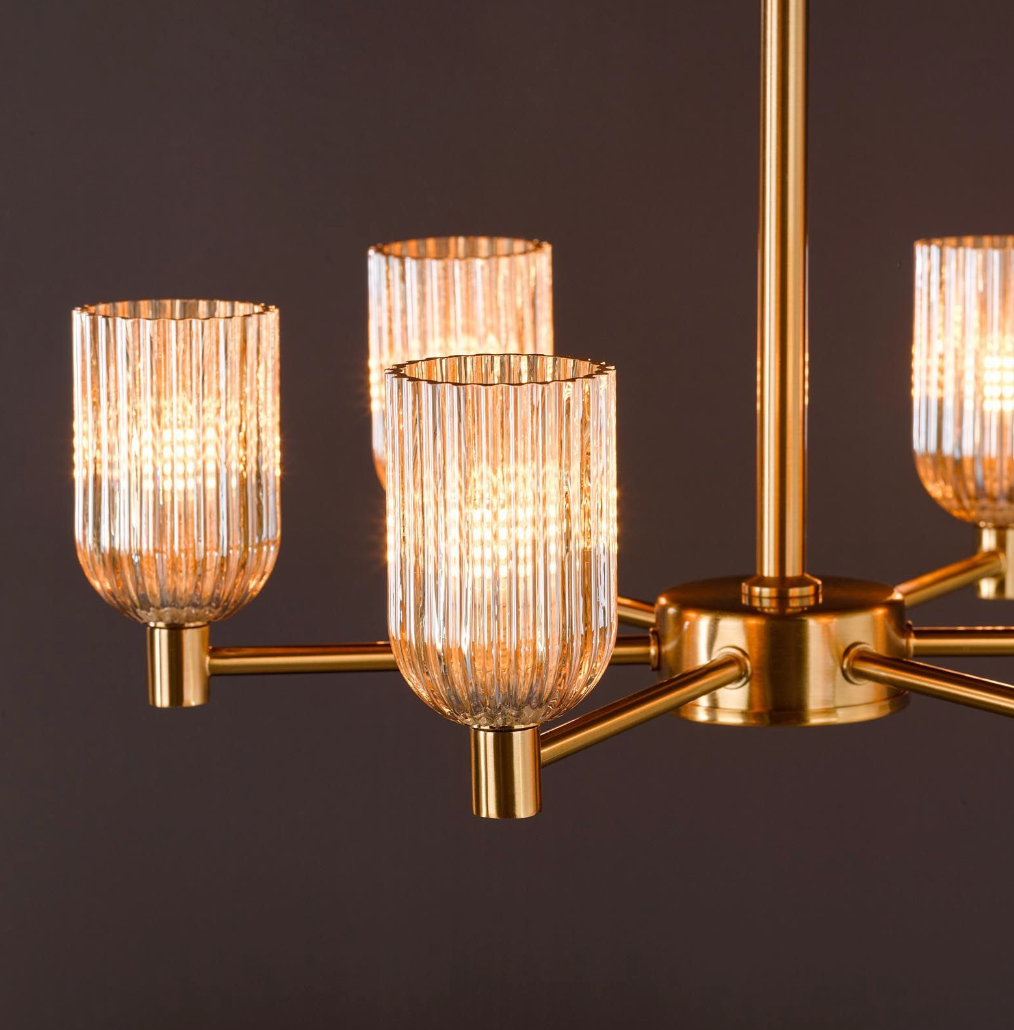 Hilaria 6 Light Semi-Flush Antique Gold and Amber Ribbed Glass