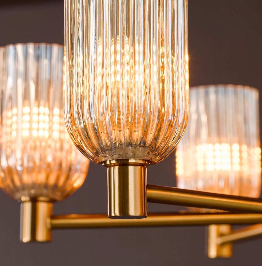 Hilaria 6 Light Semi-Flush Antique Gold and Amber Ribbed Glass