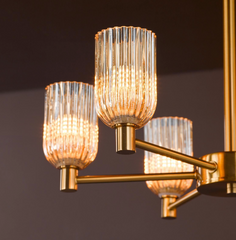 Hilaria 6 Light Semi-Flush Antique Gold and Amber Ribbed Glass