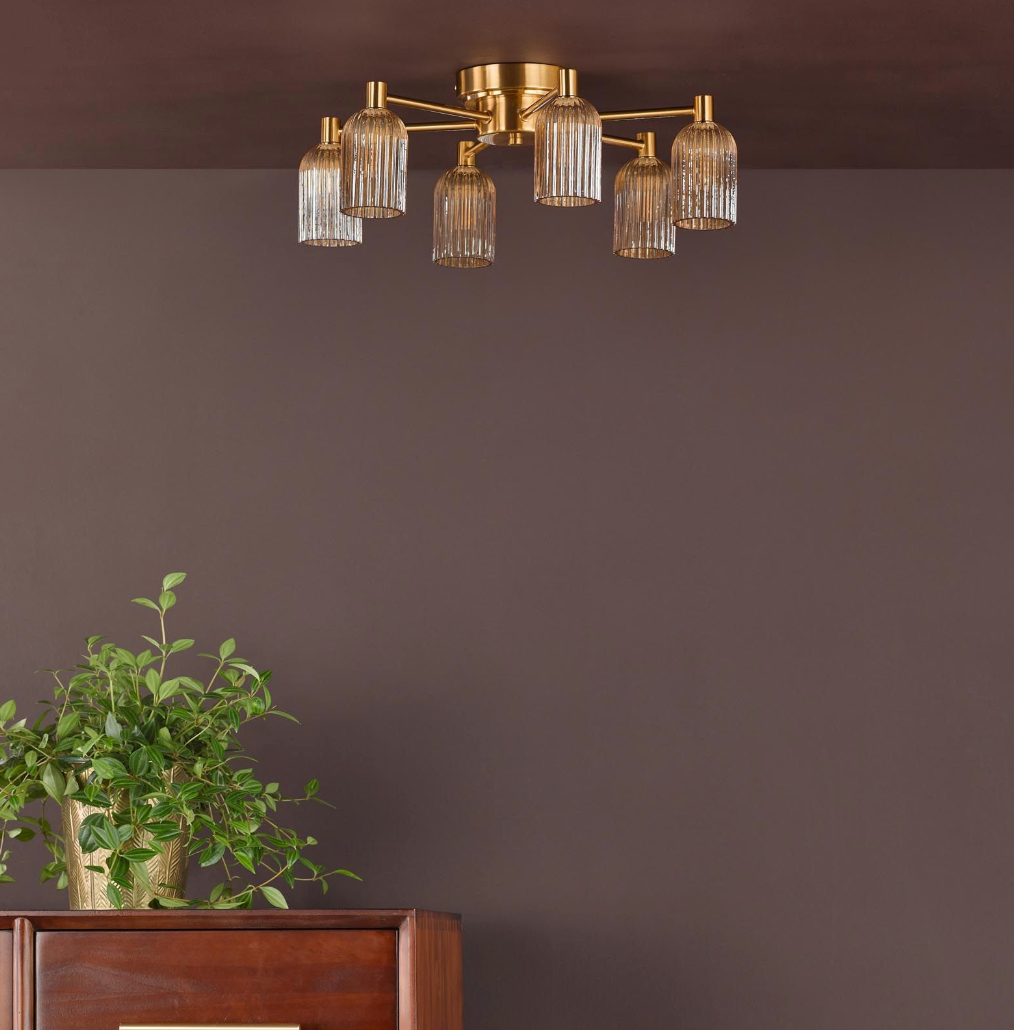 Hilaria 6 Light Flush Antique Gold and Amber Ribbed Glass