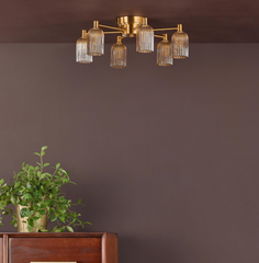 Hilaria 6 Light Flush Antique Gold and Amber Ribbed Glass