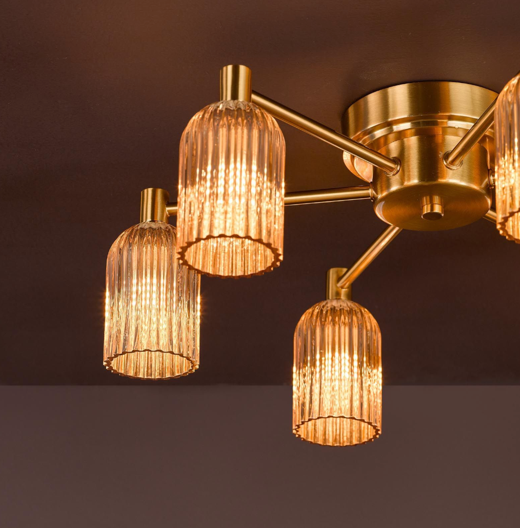 Hilaria 6 Light Flush Antique Gold and Amber Ribbed Glass