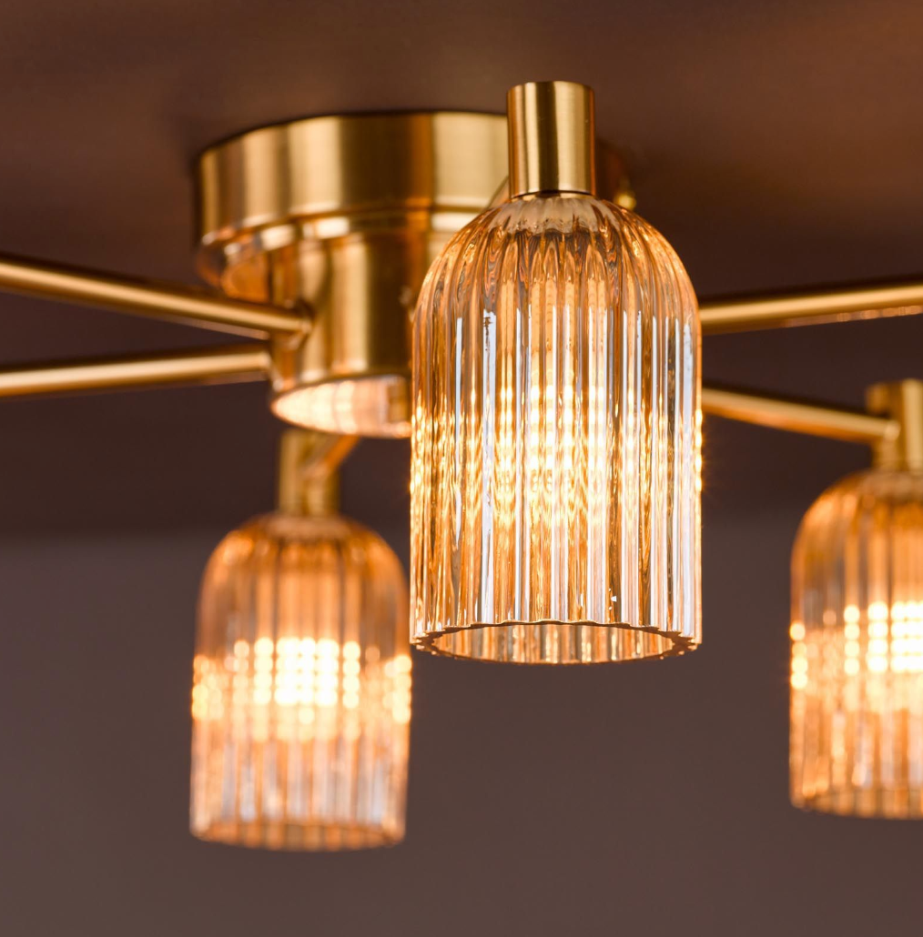 Hilaria 6 Light Flush Antique Gold and Amber Ribbed Glass