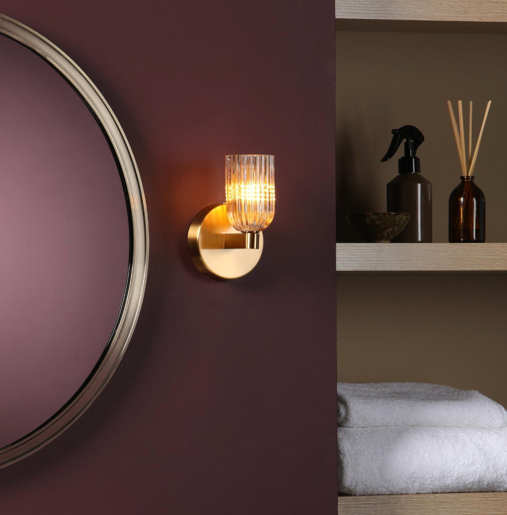 Hilaria Bathroom Wall Light Antique Gold and Amber Ribbed Glass IP44