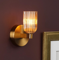 Hilaria Bathroom Wall Light Antique Gold and Amber Ribbed Glass IP44