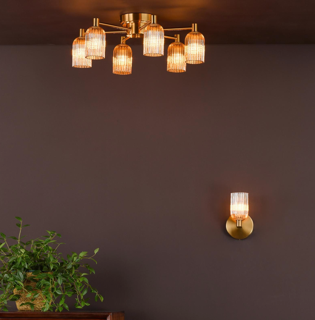 Hilaria Bathroom Wall Light Antique Gold and Amber Ribbed Glass IP44