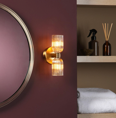Hilaria Bathroom 2 Wall Light Antique Gold and Amber Ribbed Glass IP44