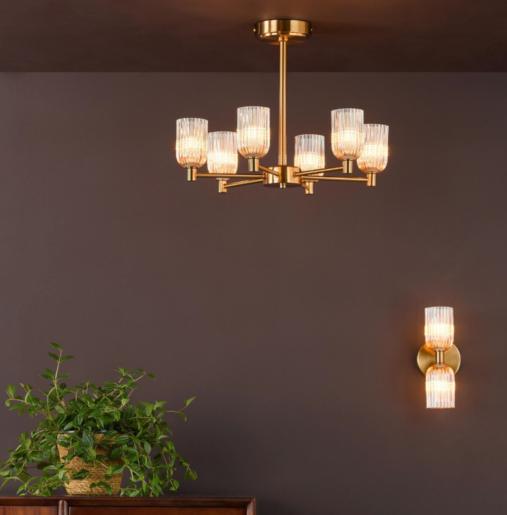 Hilaria Bathroom 2 Wall Light Antique Gold and Amber Ribbed Glass IP44