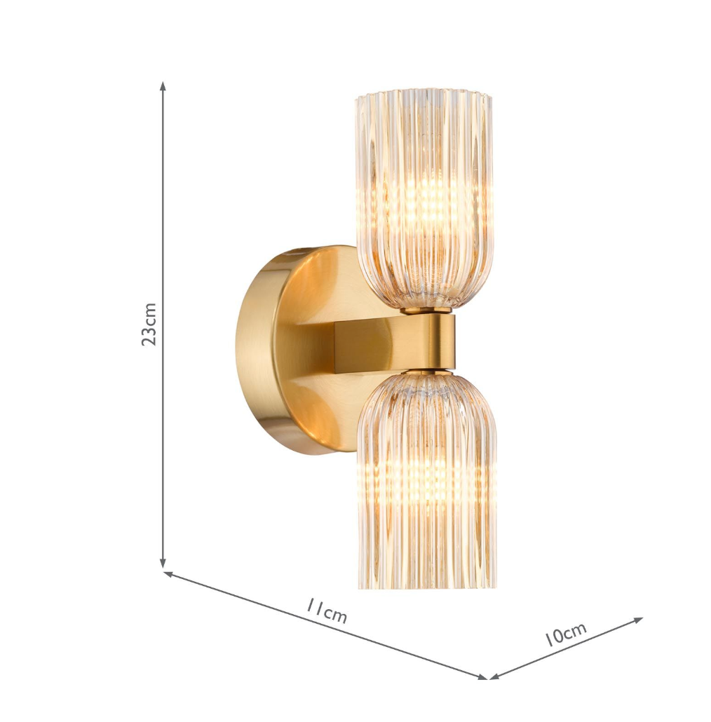 Hilaria Bathroom 2 Wall Light Antique Gold and Amber Ribbed Glass IP44