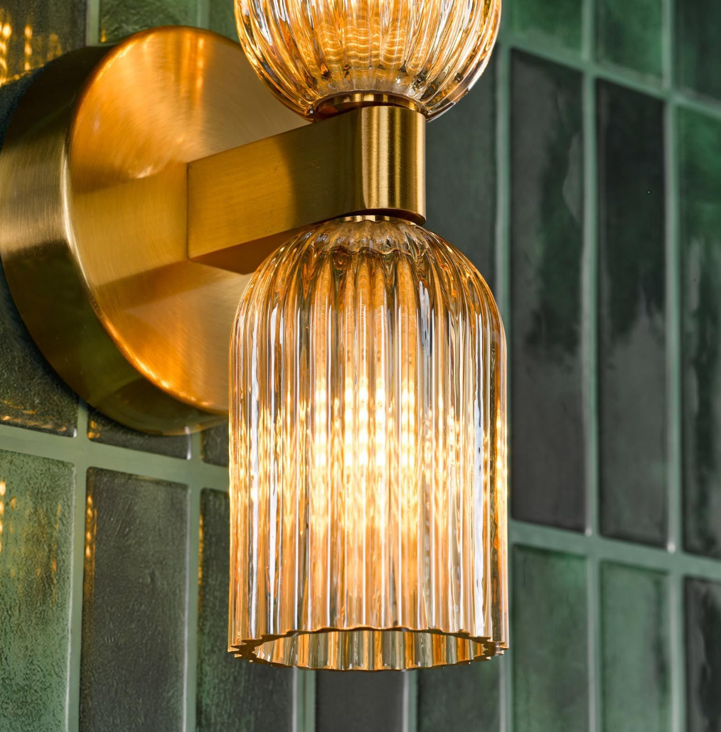 Hilaria Bathroom 2 Wall Light Antique Gold and Amber Ribbed Glass IP44