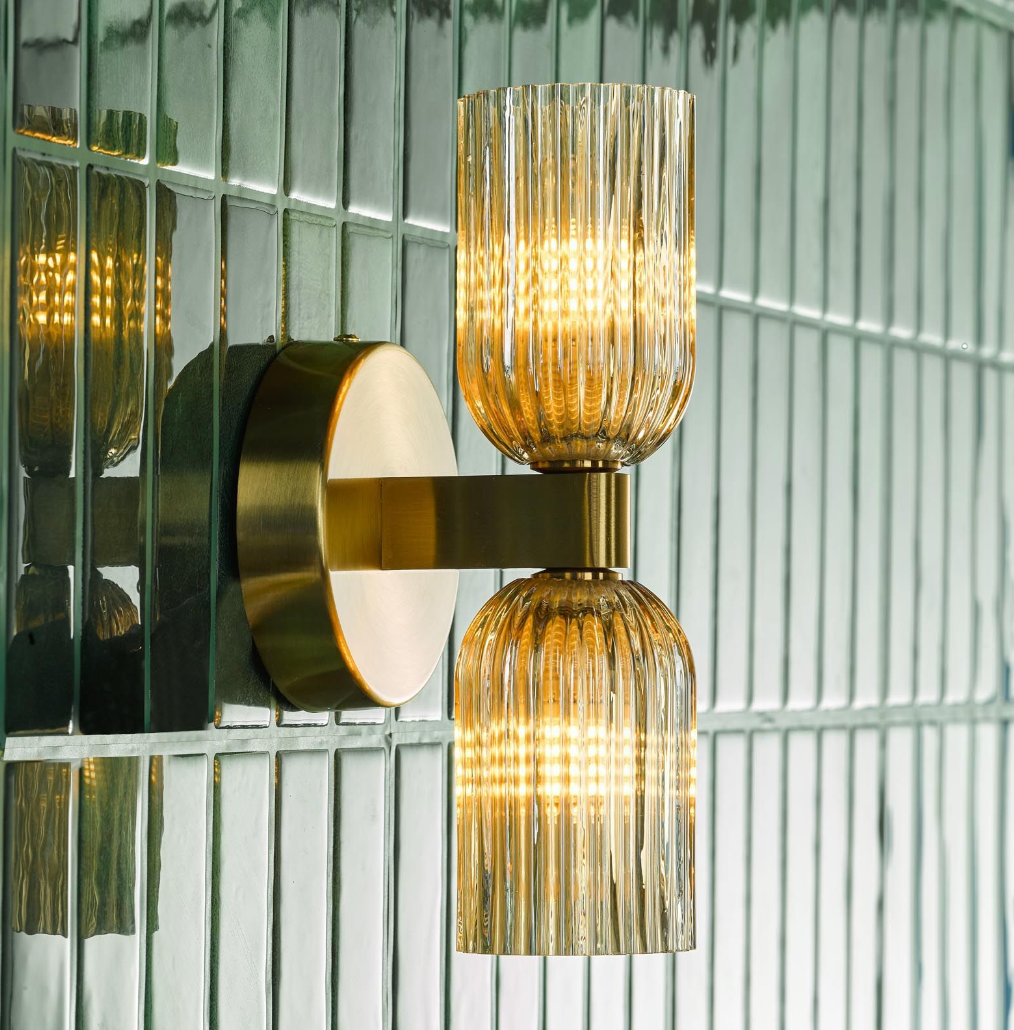 Hilaria Bathroom 2 Wall Light Antique Gold and Amber Ribbed Glass IP44