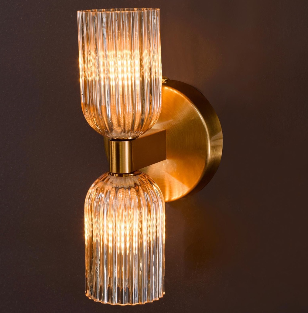 Hilaria Bathroom 2 Wall Light Antique Gold and Amber Ribbed Glass IP44