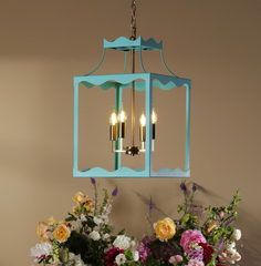 Jinele 4 Light Lantern Satin Eau De Nil Blue and Natural Brass
