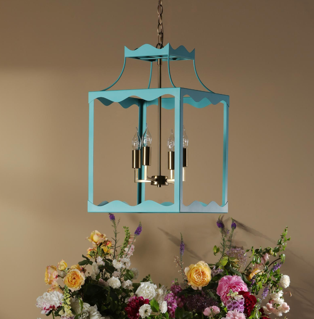 Jinele 4 Light Lantern Satin Eau De Nil Blue and Natural Brass