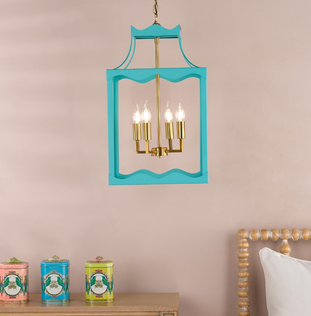 Jinele 4 Light Lantern Satin Eau De Nil Blue and Natural Brass