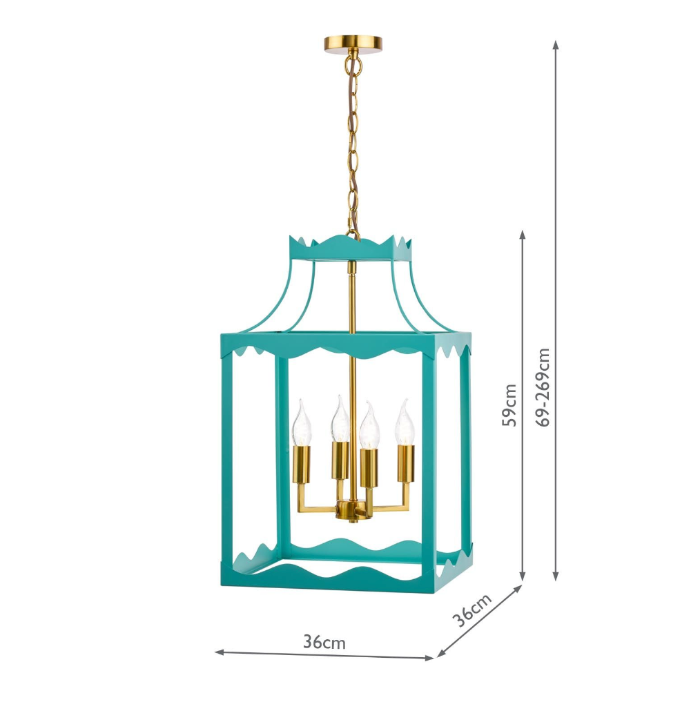 Jinele 4 Light Lantern Satin Eau De Nil Blue and Natural Brass
