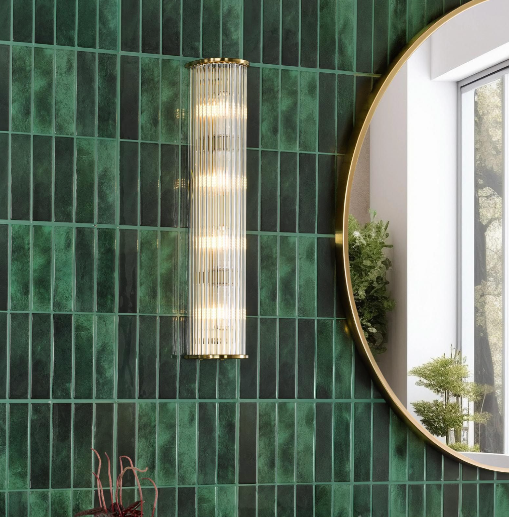 Tobiah 4 Light Bathroom Wall Light Natural Brass and Glass IP44