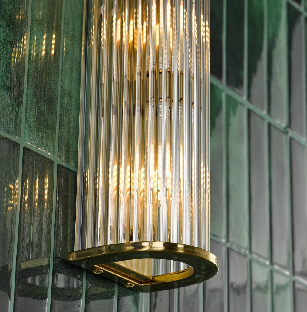Tobiah 4 Light Bathroom Wall Light Natural Brass and Glass IP44