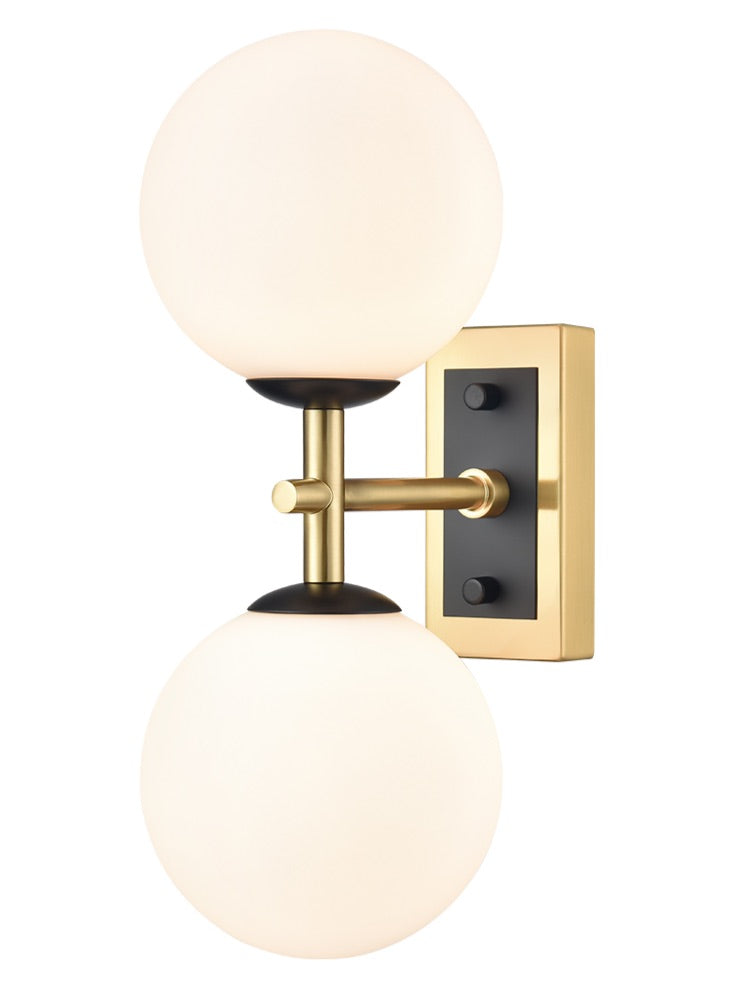 Stellar 2lt wall light matt black aged brass with opal glass