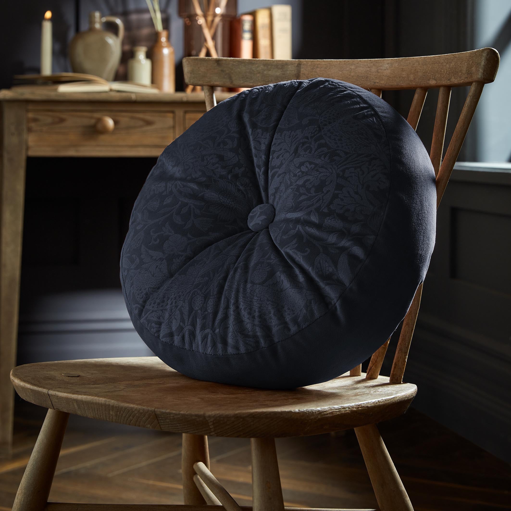 Strawberry Thief Embossed Circular Cushion 38cm  Prussian Blue