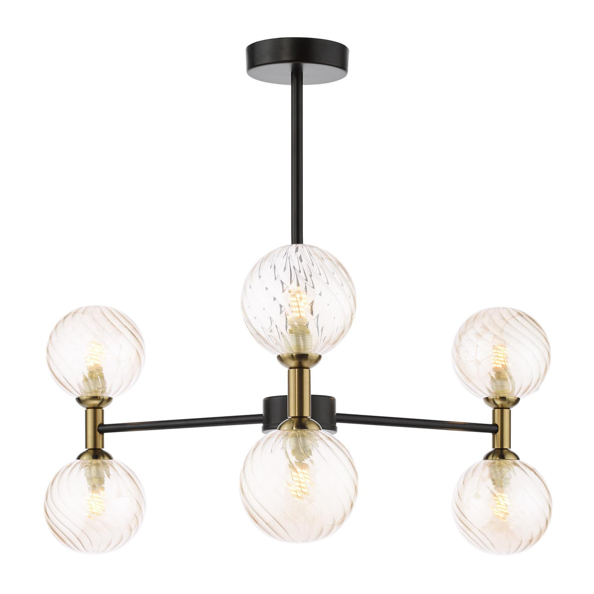 Takara 6 Light Semi-Flush Matt Black and Bronze With Twisted Amber Glass