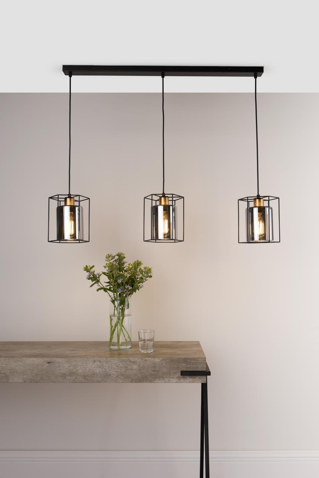 Tatum 3 Light Bar Pendant Matt Black and Smoked Glass