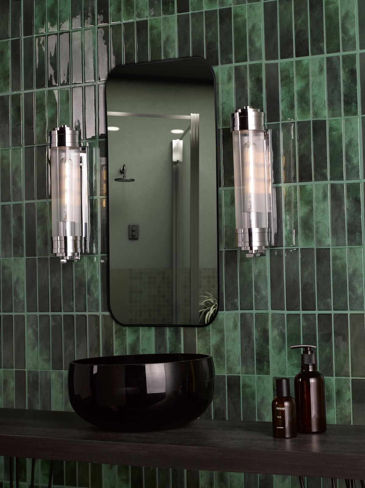 Tommaso Bathroom Wall Light Polished Nickel and Ribbed Glass IP44