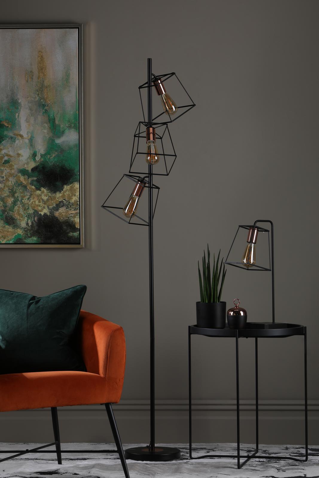 Tower 3 Light Floor Lamp Matt Black and Polished Copper