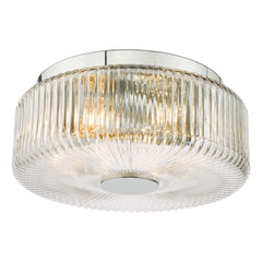 Twyman 3 Light Flush Polished Chrome Ribbed Glass IP44