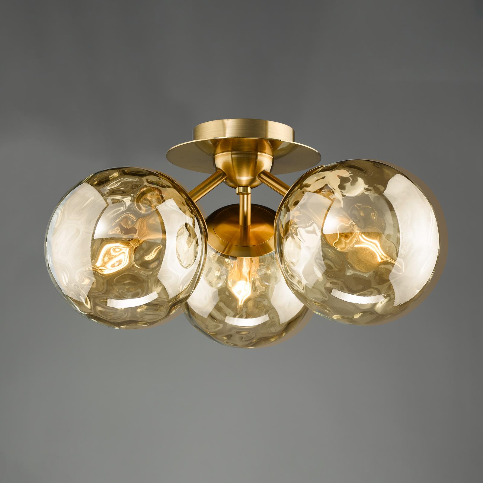 Ulrika 3 Light Flush Antique Brass and Amber Glass