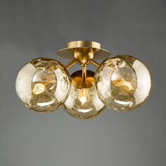 Ulrika 3 Light Flush Antique Brass and Amber Glass