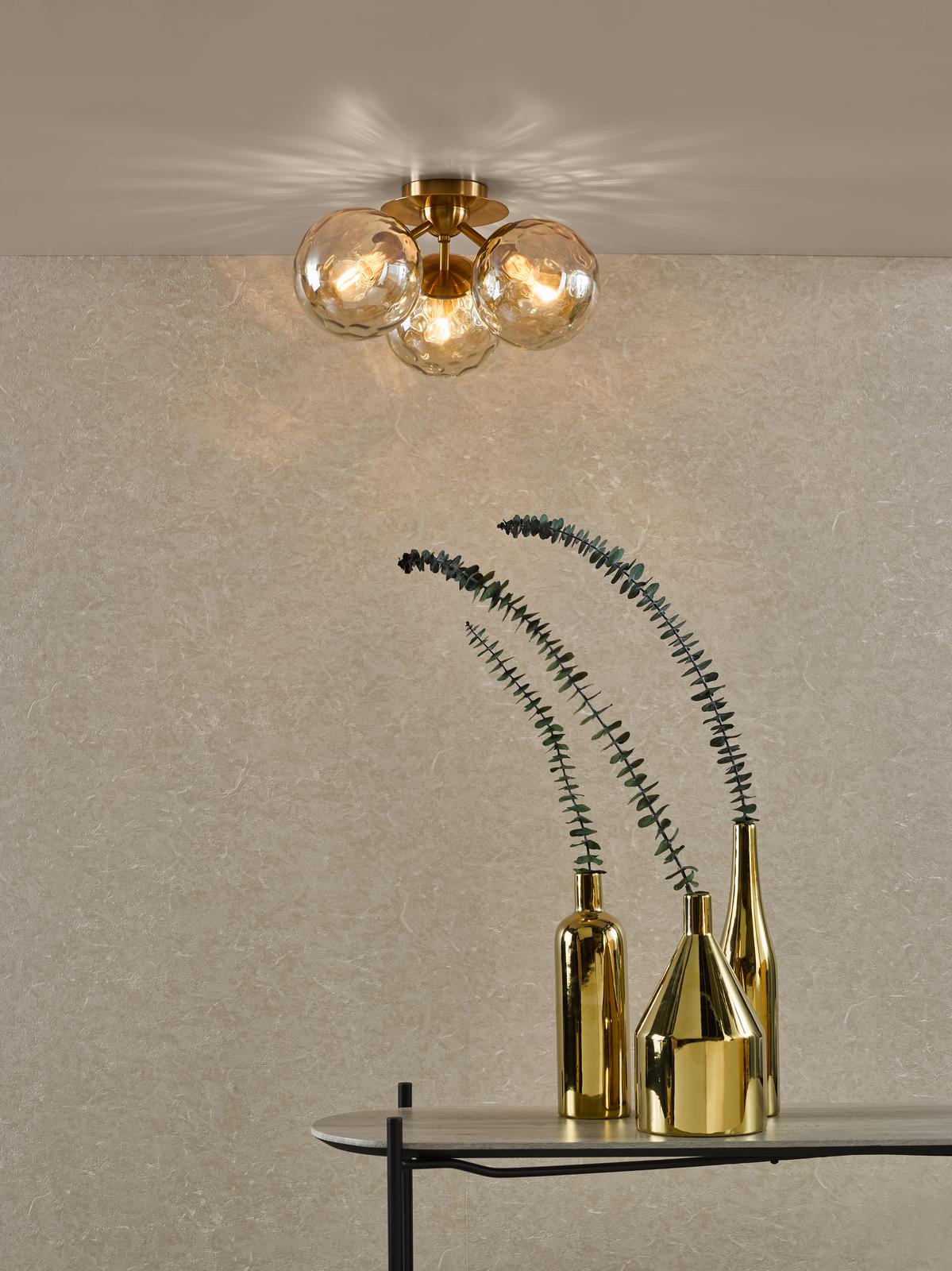 Ulrika 3 Light Flush Antique Brass and Amber Glass