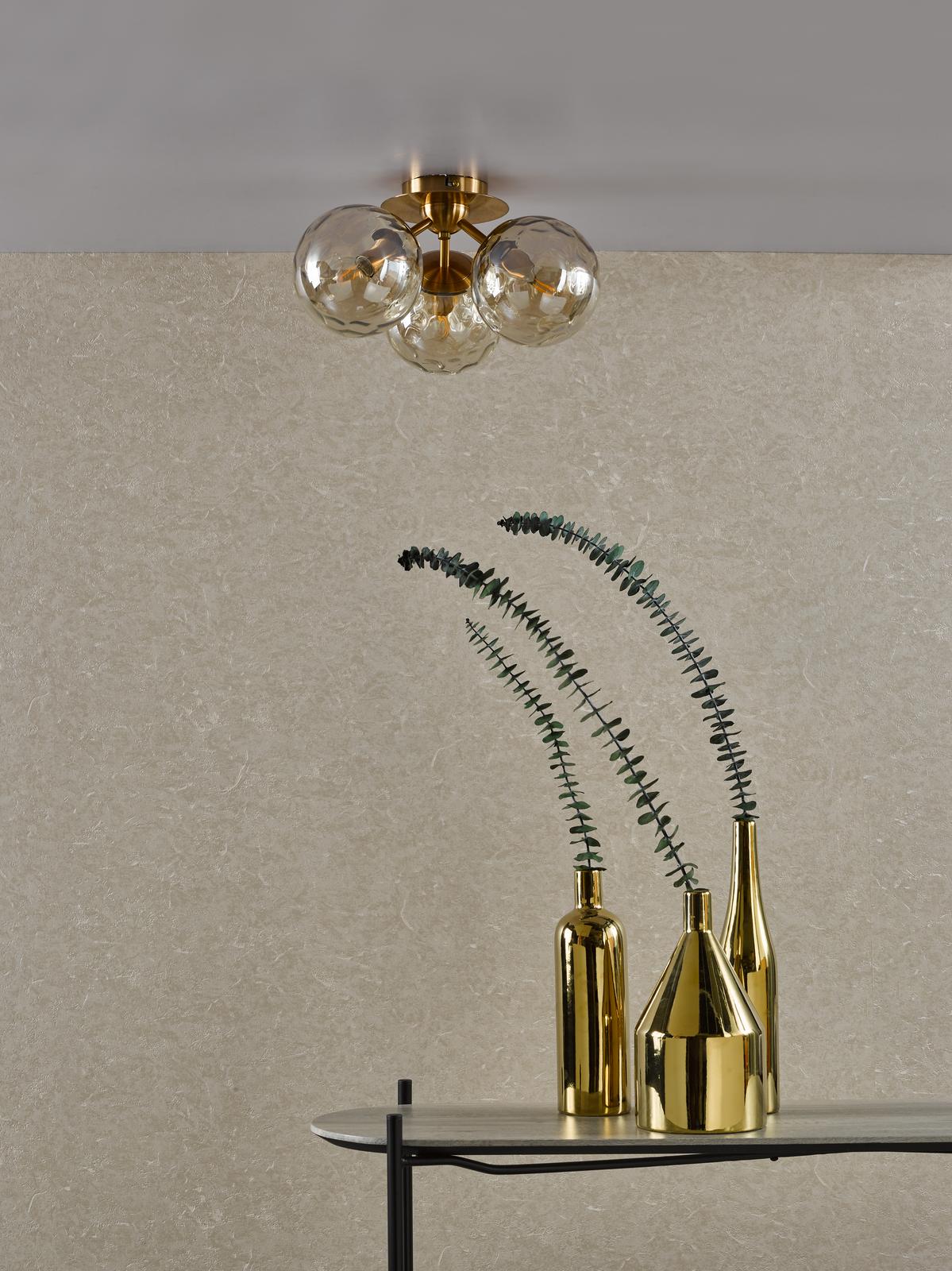 Ulrika 3 Light Flush Antique Brass and Amber Glass