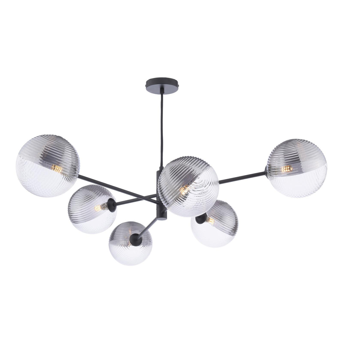 Vignette 6 Light Pendant Matt Black With Smoked/Clear Ribbed Glass