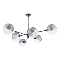 Vignette 6 Light Pendant Matt Black With Smoked/Clear Ribbed Glass
