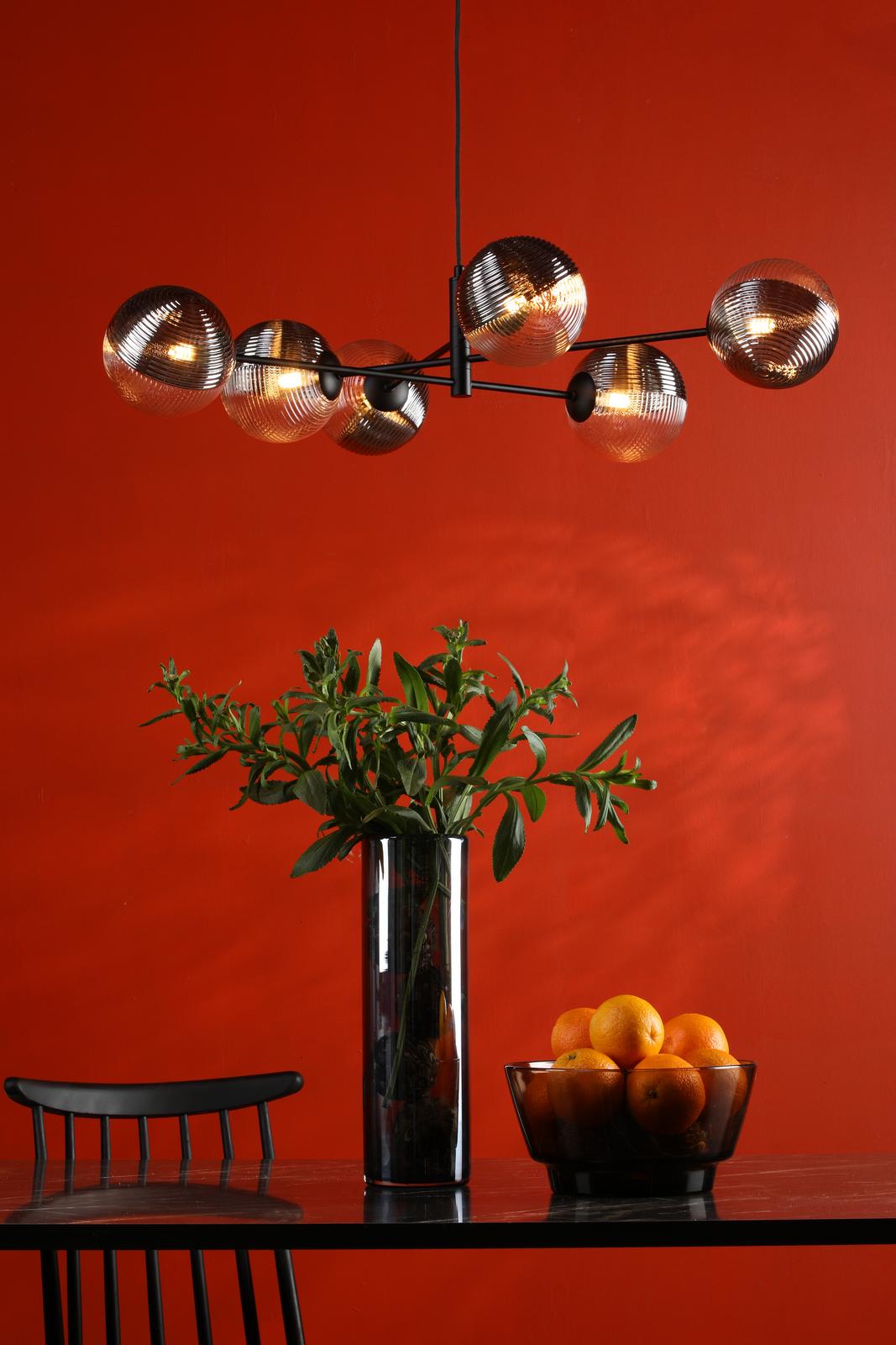 Vignette 6 Light Pendant Matt Black With Smoked/Clear Ribbed Glass