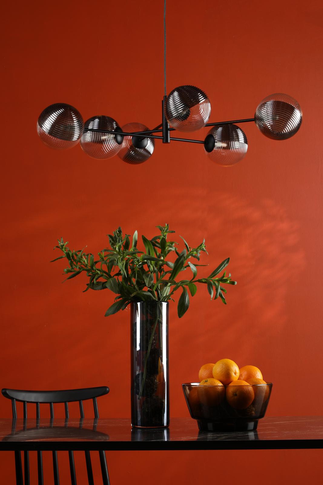 Vignette 6 Light Pendant Matt Black With Smoked/Clear Ribbed Glass