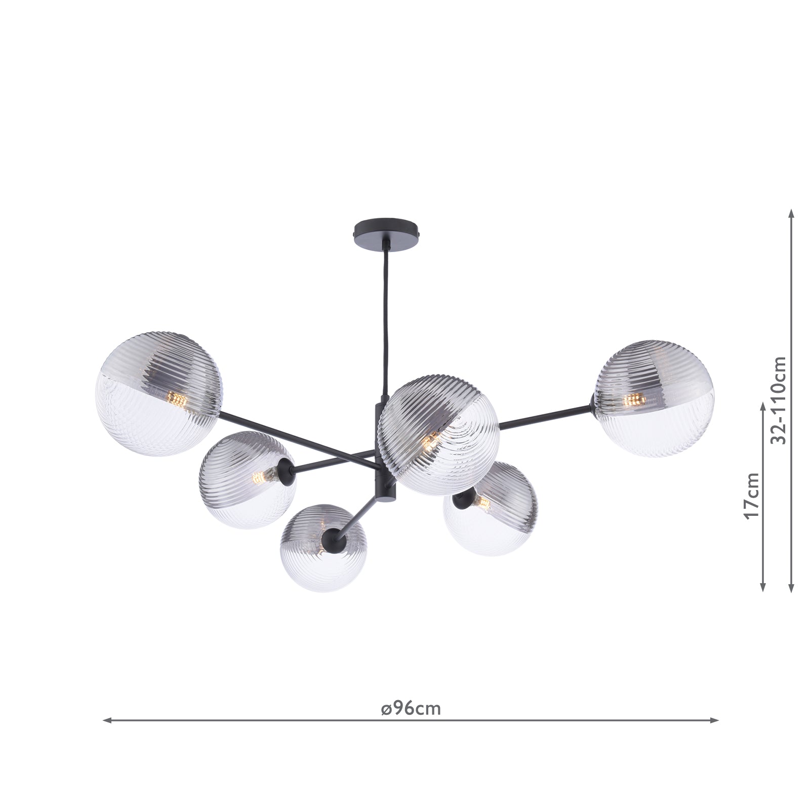 Vignette 6 Light Pendant Matt Black With Smoked/Clear Ribbed Glass