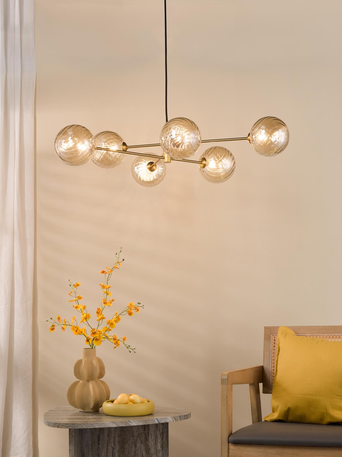 Vignette 6 Light Pendant Aged Brass With Twisted Amber Glass