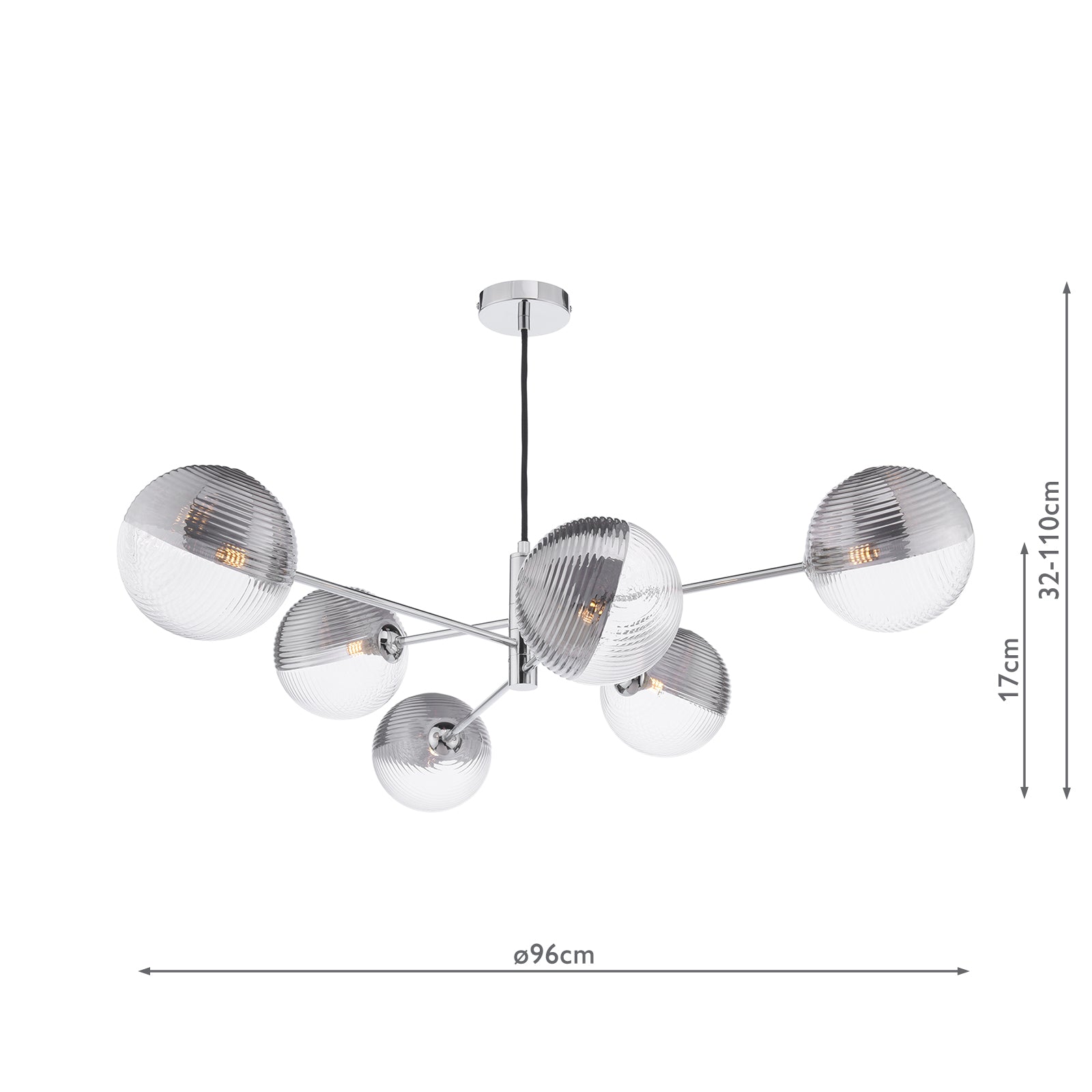Vignette 6 Light Pendant Polished Chrome With Smoked/Clear Ribbed Glass