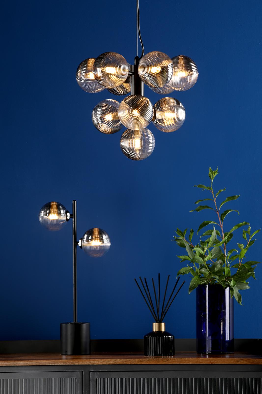 Vine 10 Light Pendant Satin Black With Smoked/Clear Ribbed Glass
