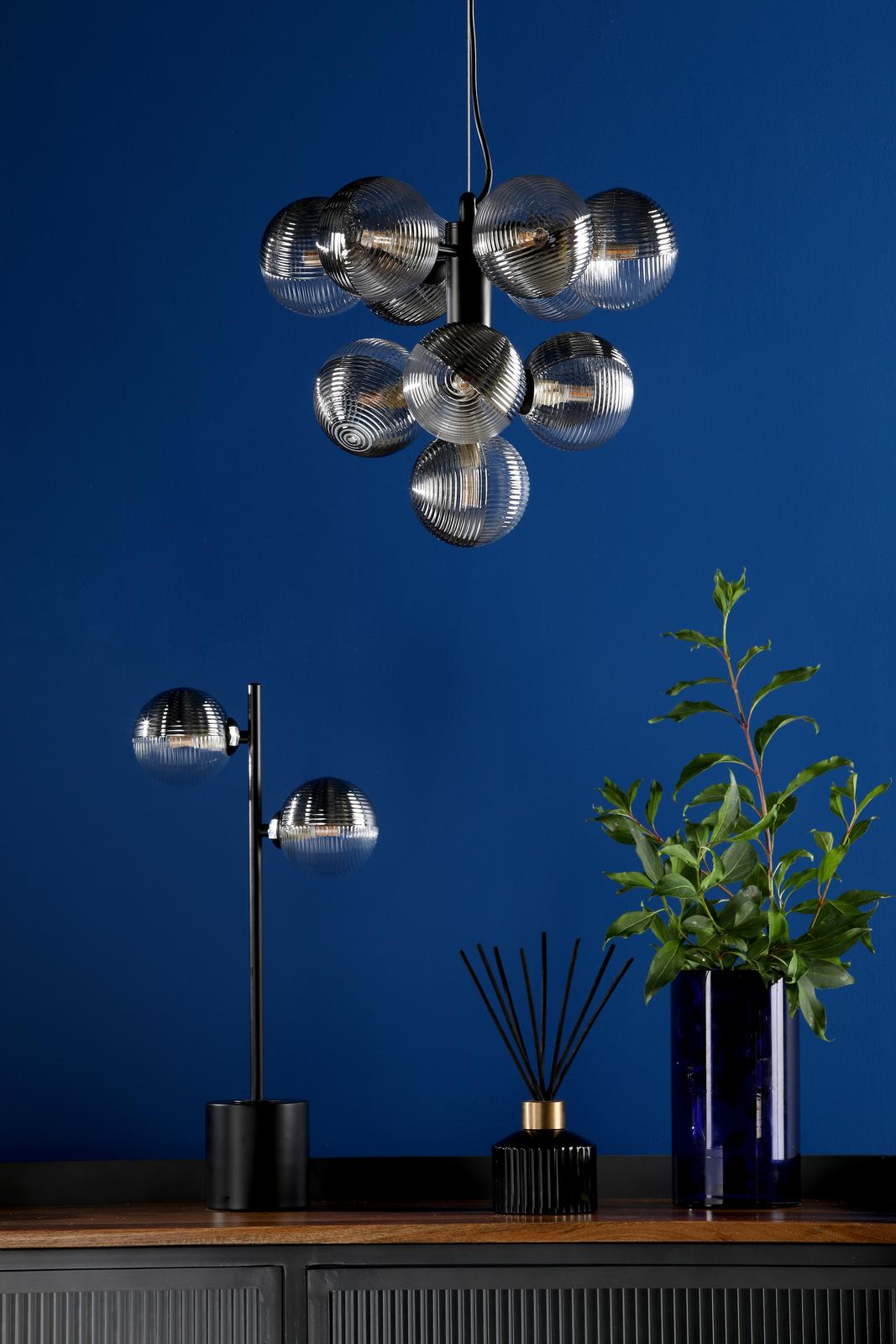 Vine 10 Light Pendant Satin Black With Smoked/Clear Ribbed Glass