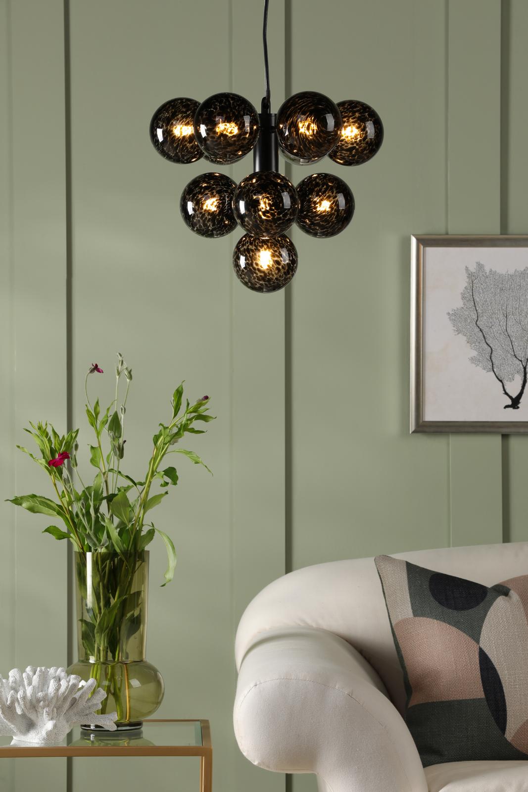 Vine 10 Light Pendant Satin Black With Black Confetti Glass