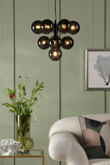 Vine 10 Light Pendant Satin Black With Black Confetti Glass