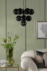 Vine 10 Light Pendant Satin Black With Black Confetti Glass