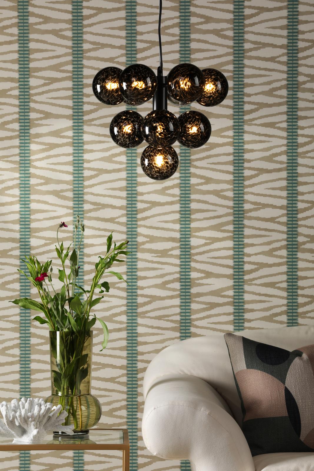 Vine 10 Light Pendant Satin Black With Black Confetti Glass
